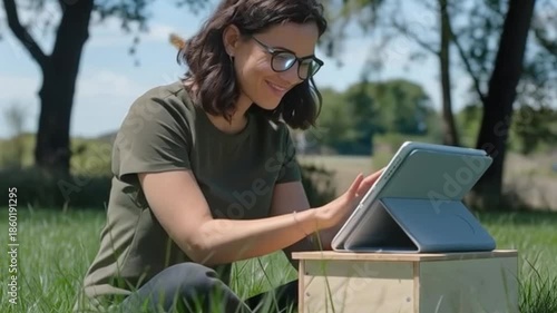 A young woman smiles as she sits outdoors working on her tablet, with butterflies fluttering behind her. Video footage about remote work