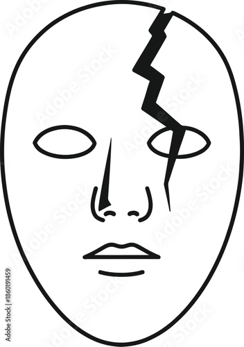 Cracked face mask with broken expression on white background