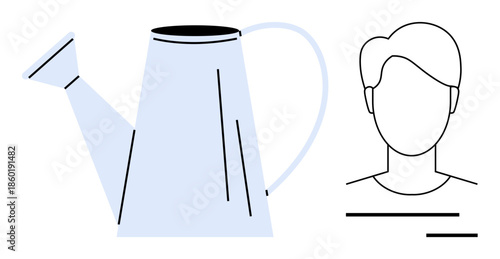 Gardening, identity, simplicity, self-care, creativity, modern art. Watering can next to abstract human face outline. Gardening and identity combined through minimalist design