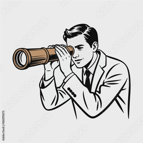 Businessman Looking Through Telescope, Vision and Future Concept Vector Illustration