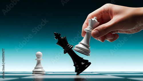 A decisive moment in a strategic game of chess showing a white queen capturing the falling black king indicating ultimate victory and checkmate strategy