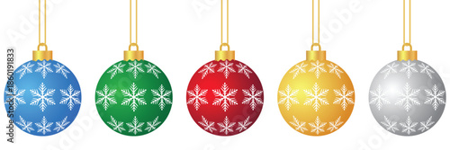 Set of Colorful Christmas Ornaments with Snowflake Patterns Isolated on White Background
