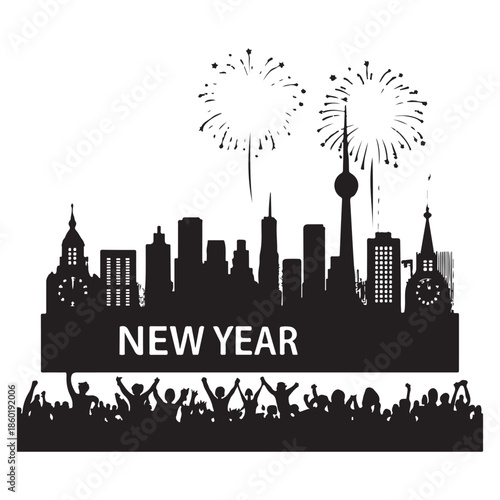 New Year's Eve celebration in city with fireworks and crowd