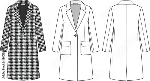 Women tailored long coat technical fashion design with lapel collar pockets front back views cad drawing flat vector illustration
