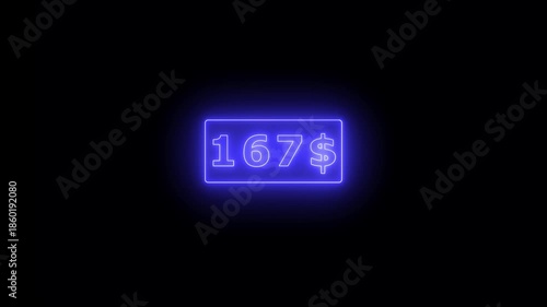 Glowing neon Number counter animation from zero to three hundred Doller. Animated counting Numbers from $0 to $300 on black background. Counting money animation.