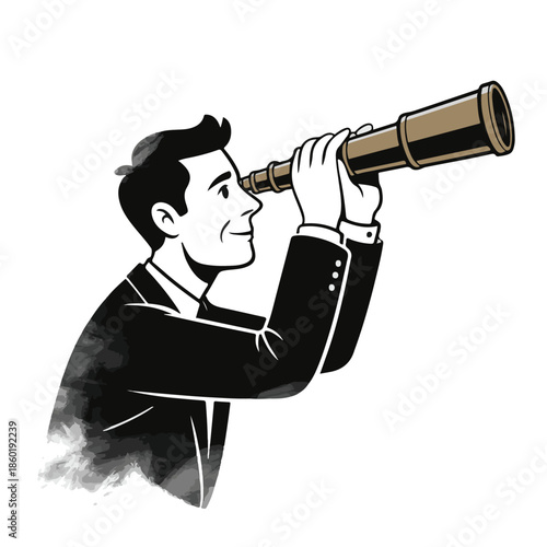 Businessman Looking Through Telescope, Vision and Strategy Concept Vector