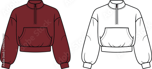 Technical vector fashion flat sketch of a cropped half zip sweatshirt with drop shoulders and kangaroo pocket for apparel design