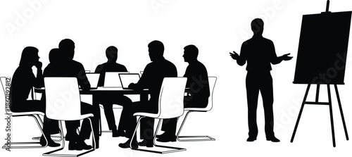 Business Professional Giving a Presentation to a Group of Colleagues During a Corporate Meeting Around a Round Table in an Office