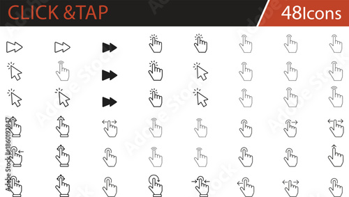 User interface navigation and cursor icons set featuring arrows, pointers, clicks, swipes, and gestures for web design, mobile apps, software interfaces, and digital user experience visualizations