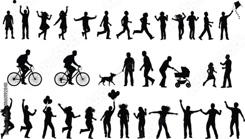 Large Collection of People Silhouettes Including Families Children and Seniors Engaged in Outdoor Activities Like Cycling Walking and Playing for Design