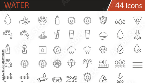 Water resources, conservation, and usage icons set featuring droplets, faucets, recycling, pollution, drinking, and weather for environmental campaigns, public utilities, sustainability projects