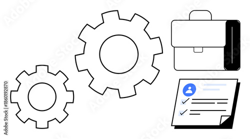 Two mechanical gears, a briefcase, and a checklist document emphasize productivity, workflow, and task management. Ideal for teamwork, operations, planning, efficiency business recruitment simple