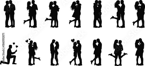 Collection of Romantic Couple Silhouettes in Various Poses Including Marriage Proposal and Sweet Embraces Isolated on White Background for Wedding Designs