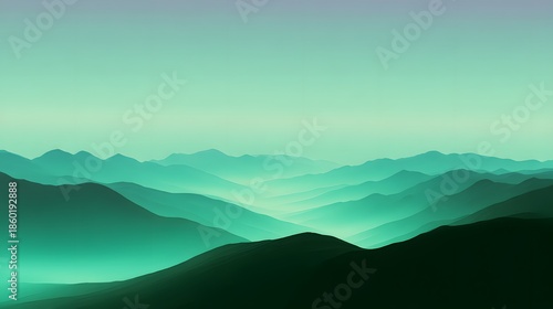 Minimalist Landscape of Misty Teal Mountain Layers Under a Clear Soft Sky