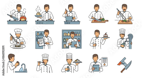 Chef Illustrations in Various Cooking Actions.