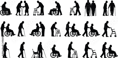 Large Collection of Senior Citizen Silhouettes Using Walkers Canes and Wheelchairs Isolated on White Background for Geriatric Care and Accessibility Design