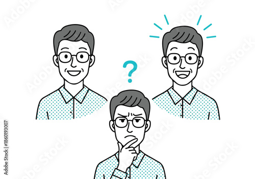 Three men in thoughtful poses - Lifestyle Illustration, Flat Line Art, Flat Style Illustration, Flat Line Illustration, Cartoon Line Illustration, Modern Outline Flat Illustration