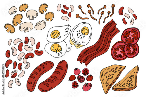 Hand Drawn Collection of English Breakfast Food Items in Doodle Style