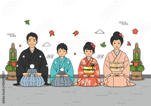 Family celebrating traditional japanese festival - Lifestyle Illustration, Flat Line Art, Flat Style Illustration, Flat Line Illustration, Cartoon Line Illustration, Modern Outline Flat Illustration