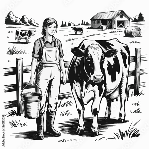 Hand Drawn Farm Girl with Cow in Barnyard – Black and White Rural Sketch Vector Illustration
