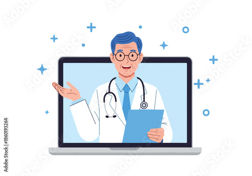 Doctor providing online consultation - Lifestyle Illustration, Flat Line Art, Flat Style Illustration, Flat Line Illustration, Cartoon Line Illustration, Modern Outline Flat Illustration