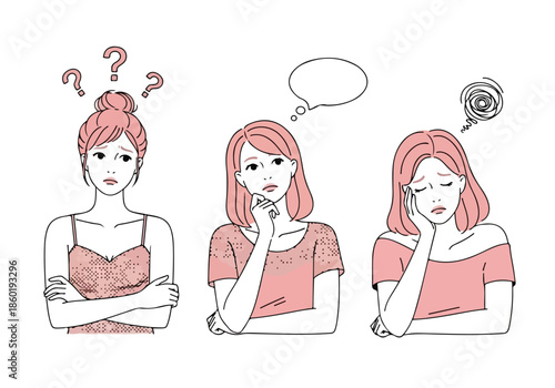Three women in thoughtful poses - Lifestyle Illustration, Flat Line Art, Flat Style Illustration, Flat Line Illustration, Cartoon Line Illustration, Modern Outline Flat Illustration