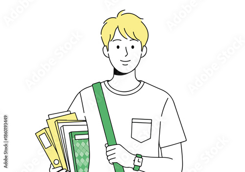 Student holding books and a calculator - Lifestyle Illustration, Flat Line Art, Flat Style Illustration, Flat Line Illustration, Cartoon Line Illustration, Modern Outline Flat Illustration