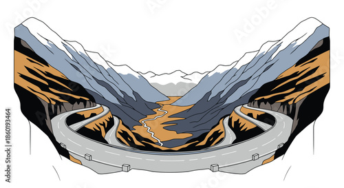 Scenic Mountain Pass with Winding Roads and River Valley Illustration