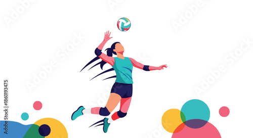 Dynamic Female Volleyball Player Serving Ball in Action Flat Illustration
