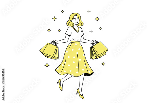 Happy shopper with shopping bags - Lifestyle Illustration, Flat Line Art, Flat Style Illustration, Flat Line Illustration, Cartoon Line Illustration, Modern Outline Flat Illustration