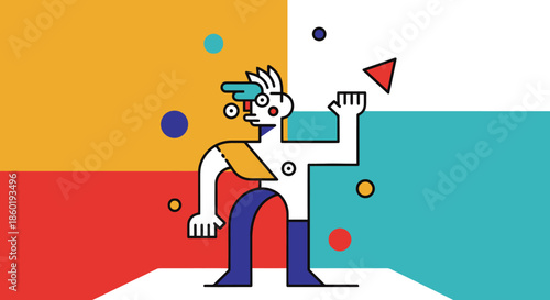 Abstract Geometric Human Figure Juggling Colorful Shapes Dynamic Illustration Modern
