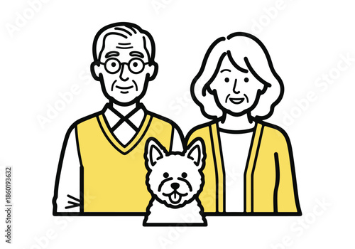 Happy senior couple with dog - Lifestyle Illustration, Flat Line Art, Flat Style Illustration, Flat Line Illustration, Cartoon Line Illustration, Modern Outline Flat Illustration