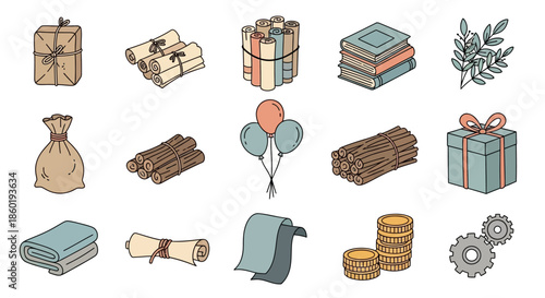 Collection of Wrapped Gifts and Various Objects.