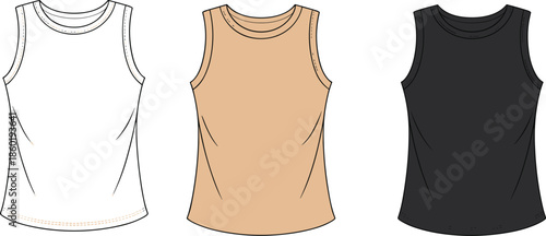 Vector technical fashion illustration of women's crew neck sleeveless tank top tanktop shirt in white, beige, and black colors (21 words)