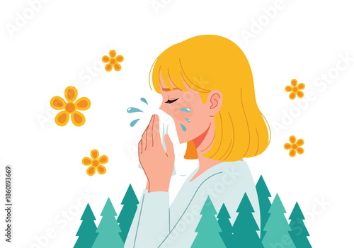 Woman sneezing in snowy forest - Lifestyle Illustration, Flat Line Art, Flat Style Illustration, Flat Line Illustration, Cartoon Line Illustration, Modern Outline Flat Illustration