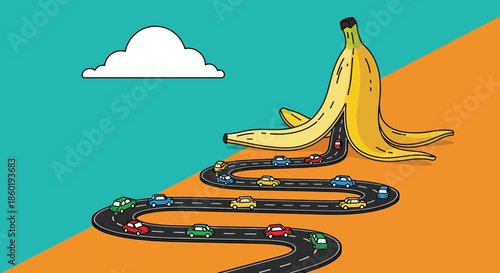 Winding Road Through Giant Banana Peel Illustrating Tricky Journey for Cars