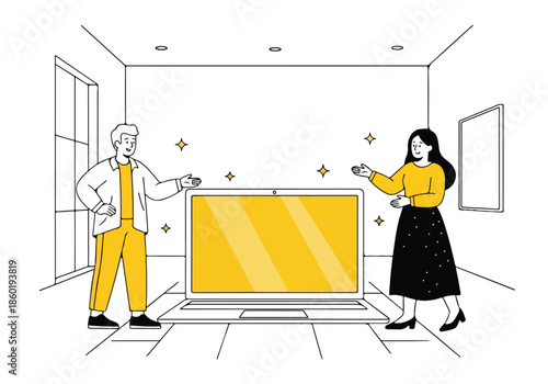 Couple cleaning living room - Lifestyle Illustration, Flat Line Art, Flat Style Illustration, Flat Line Illustration, Cartoon Line Illustration, Modern Outline Flat Illustration