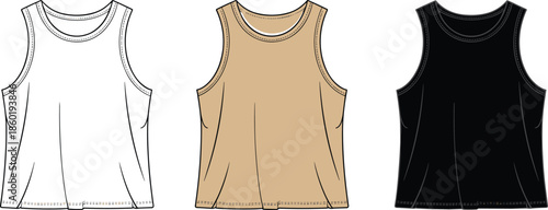 Women Tank Top Technical Sketch Mockup Set, White Beige Black Sleeveless Vest Shirt Fashion Design Template, Flat Lay Activewear Vector Illustration