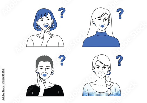 Four women in thoughtful poses - Lifestyle Illustration, Flat Line Art, Flat Style Illustration, Flat Line Illustration, Cartoon Line Illustration, Modern Outline Flat Illustration