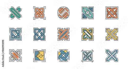 Colorful Geometric Patterns and Symbols Arranged.