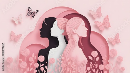 Women Empowerment Concept ,  Elegant Pink Female Silhouette with Flowers and Butterflies Illustration