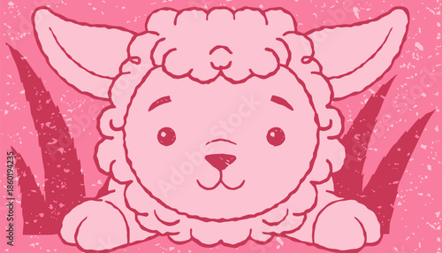 Cute pink sheep with fluffy wool and sweet expression