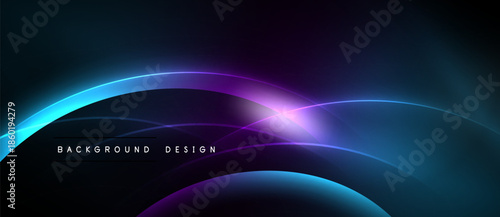 Abstract neon curves create dynamic background. Dark shades blend with bright blues, purples, pinks. Modern design element for digital projects.