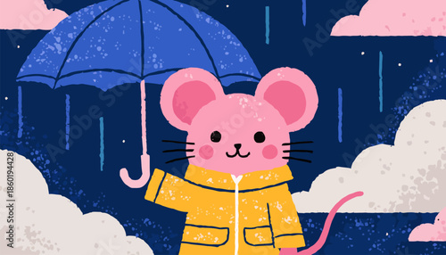 Cute pink mouse in yellow raincoat holding blue umbrella on rainy day