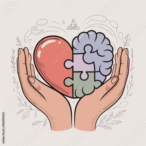 Heart and Brain Puzzle in Protective Hands – Mental and Emotional Health Concept Vector