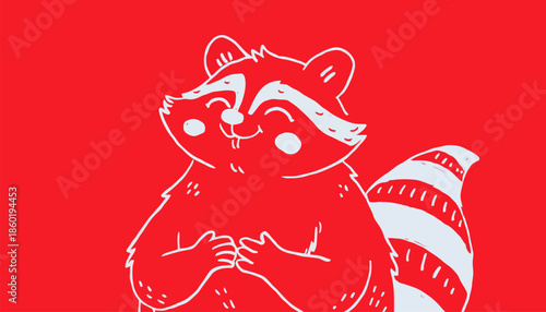 Cute cartoon raccoon with playful expression on red background