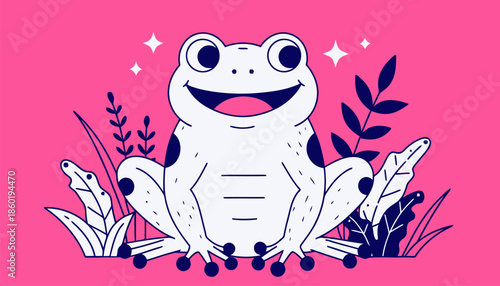 Smiling frog in lush foliage on vibrant pink background