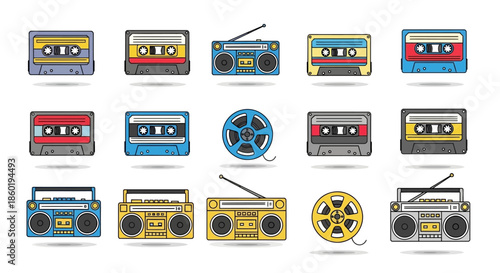 Vintage Cartoon Boomboxes and Cassette Tapes.