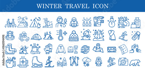 Comprehensive winter travel elements icon set with blue linear vector illustration of skiing, camping, cold weather gear and mountain adventure. Minimalist outdoor seasonal symbol for holiday tourism.