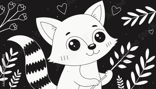 Cute cartoon raccoon with leaf in hand surrounded by hearts and flowers